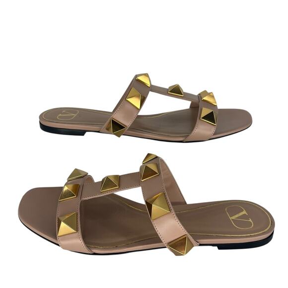 Valentino Garavani Roman Stud Slide Sandals in Rose Cannelle (Tan) - Picture 1 of 16